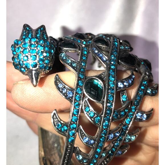 Peacock Bracelet Art Deco Rhinestone Hinged Cuff Wrap Clamp Aqua Blue - Picture 10 of 11